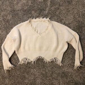 Cream Boxy Frayed Hem Sweater
